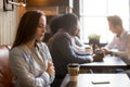 Upset rejected girl ghosted by boyfriend in coffeeshop Royalty Free Stock Photo