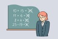 Upset schoolgirl stands near blackboard, sad because of mistakes in solving mathematical examples Royalty Free Stock Photo