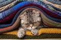 Upset Scottish fold cat hid in a pile of colorful knitted scarves. Preparing for the cold.