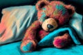 Upset sick teddy bear in bed, generative ai