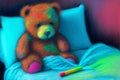 Upset sick teddy bear in bed, generative ai