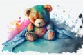 Upset sick teddy bear in bed, generative ai