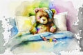 Upset sick teddy bear in bed, illustration