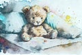 Upset sick teddy bear in bed, illustration