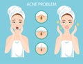 Upset teen with female facial skin problem needs to care about: infographic of acne disease and stages of it`s treatment.