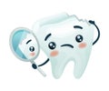 Upset tooth character looking in dental inspection mirror. Oral care, mouth hygiene, teeth restoration concept cartoon