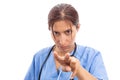 Upset unhappy female nurse or doctor making watching you gesture