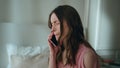 Upset woman answering mobile phone at night closeup. Unhappy sad girl crying Royalty Free Stock Photo