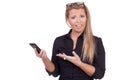 Upset woman pointing at her mobile Royalty Free Stock Photo