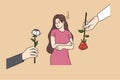 Upset woman refuse from flowers offered by men