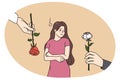 Upset woman refuse from flowers offered by men