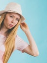 Upset woman wearing summer outfit