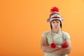 Upset young Caucasian woman in Monkey Cap Royalty Free Stock Photo