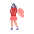 Upset Young Woman with Part of Broken Heart, Breakup, Divorce Vector Illustration