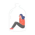 Upset Young Woman Sitting under Glass Dome, Depression, Loneliness Vector Illustration