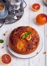 Upside down biscuit cake with caramelized bloody oranges