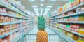 Upside-down pineapple in shopping cart, part of viral dating trend. Social media phenomenon, single people using offline