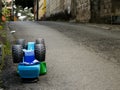 Upside down plastic truck toy on a Street giving the idea of a traffic accident copy space