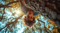 Upside-Down Portrait of a Person Hanging from a Tree Branch, giving a playful, topsy-turvy perspective in a sunlit park