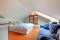 Upstairs bedroom with vaulted ceiling and hardwood floor. Royalty Free Stock Photo