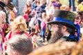 Upton Upon Severn, UK. 4th May 2019, A Morris dancer with peacock feathers in his hat,outside at the Upton Folk Festival