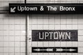 Uptown and The Bronx sign in a subway station in Manhattan, New York City Royalty Free Stock Photo