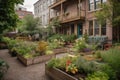 uptown garden with raised beds, planters, and hanging baskets