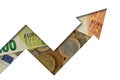 Upward arrow made of euro coins and banknotes on white background - Concept of growing and upward trend of euro currency