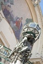 An Upward Close Up Detail Shot Of The Opera House In Prague