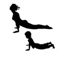 Upward facing dog pose. Urdhva mukha svanasana yoga. Vector silhouette woman and child isolated white background. Mom and son