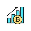 Upward graph, bitcoin coin, cryptocurrency flat color icon. Royalty Free Stock Photo