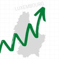 Luxembourg map with rising arrow showing economic growth. Nation economy recovered, financial growth, stock trading up, equity pri