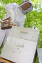 Upward view beekeeper using smoker