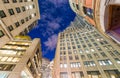 Upward view of Boston skyscrapers at night Royalty Free Stock Photo