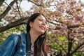 Upward view of a charming femal in sakura Royalty Free Stock Photo