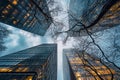 Upward View, Between Four Skyscrapers. Looking Up at the Sky to See Blue Sky and Clouds Royalty Free Stock Photo