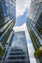 Upward view of modern glass buildings