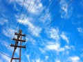 Upward view on power lines and electric pole Royalty Free Stock Photo