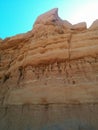 Upward view of rock face with various layers and textures