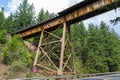 Upward view of the Salt Creek railroad trestle on the Cascade Subdivision near Oakridge in Oregon, USA