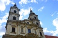 Upward view on towers of famous late baroque Basilica of Our Lady of Seven Sorrows in Sastin Straze, western Slovakia.