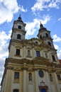 Upward view on towers of famous late baroque Basilica of Our Lady of Seven Sorrows in Sastin Straze, western Slovakia.