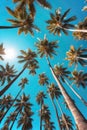 Upward wide angle view on palm trees against clear and cloudless blue sky with sun visible in the frame