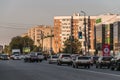 Car traffic in the city. The sixth microdistrict, Abulkhair Khan Avenue in the city of Uralsk.