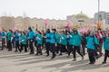 Nauryz holiday in Kazakhstan. Youth at a procession during the Nauryz holiday.