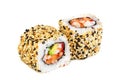 Uramaki maki sushi, two rolls isolated on white