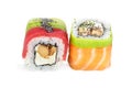 Uramaki maki sushi, two rolls isolated on white