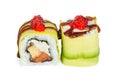 Uramaki maki sushi, two rolls on white Royalty Free Stock Photo