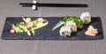 uramaki rool with cheese and vegetables, japponese cuisine revisited