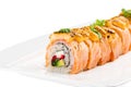 Uramaki sushi roll with smoked salmon, avocado, cream cheese, to
